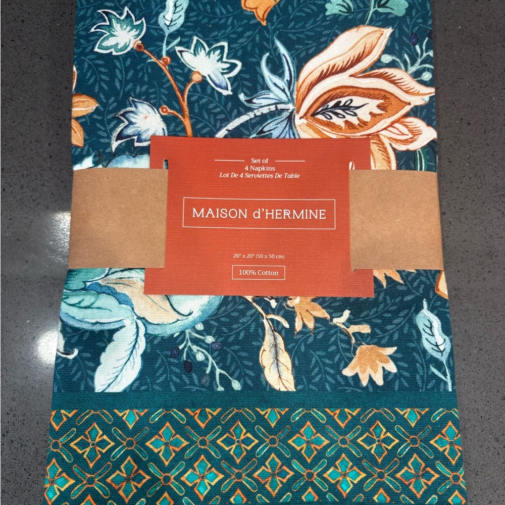 Madison d’Hermine Teal Floral Table Napkins Set of 4 NWT 100% Cotton
